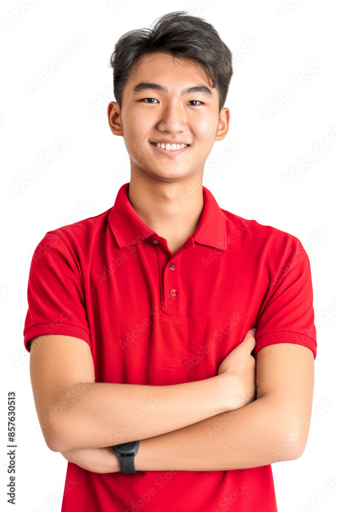 Portrait of a cheerful Asian teenage boy wearing a red polo shirt with arms crossed, isolated on a transparent background. Portrait of a cheerful Asian teenage boy wearing a red polo shirt with arms crossed, isolated on a transparent background.
