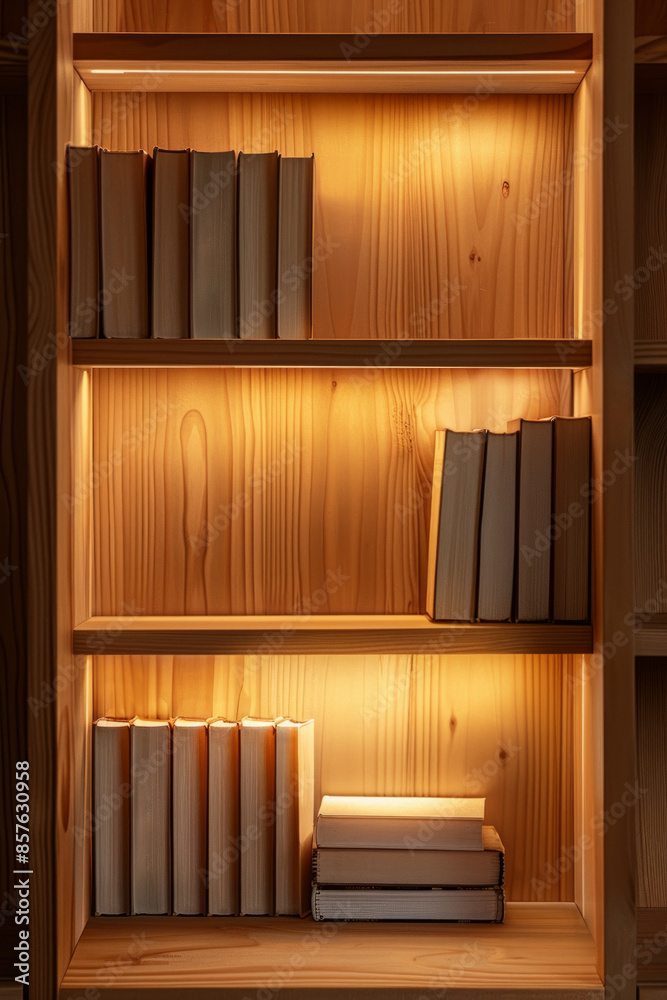 A simple wooden bookshelf with a few books glowing, indicating the illumination that comes from knowledge and ideas A simple wooden bookshelf with a few books glowing, indicating the illumination that comes from knowledge and ideas