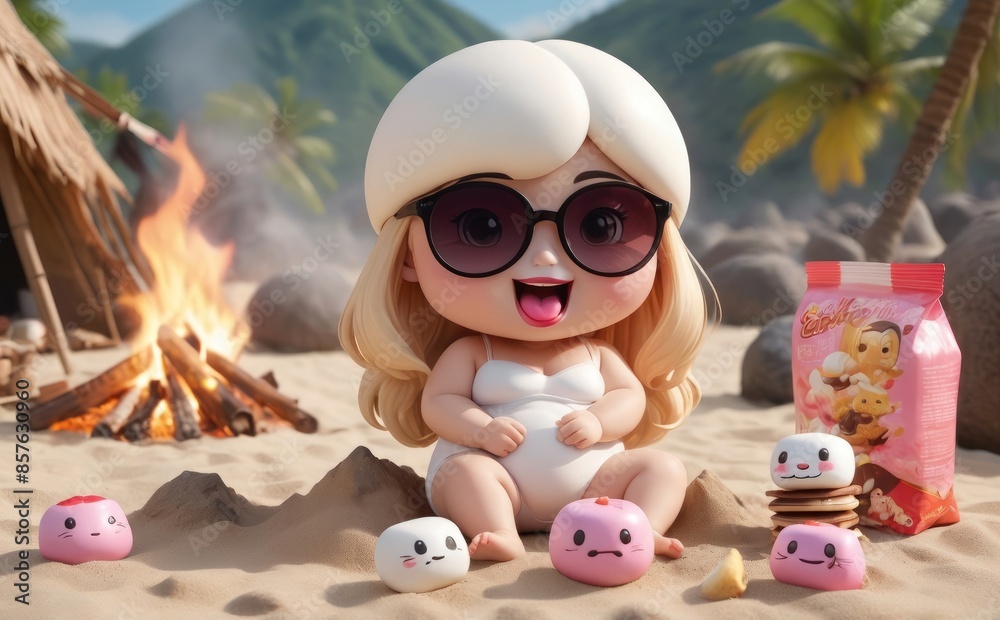 Obraz premium cute girl with marshmallow sitting on the beach sand