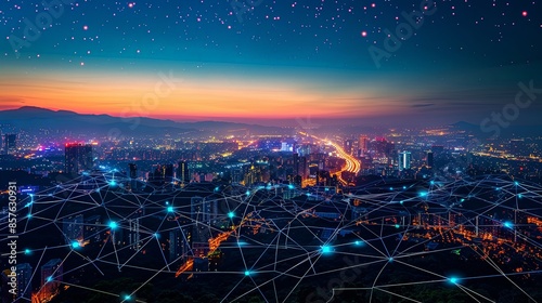 A breathtaking cityscape view at sunset, with digital network lines overlaying the scene, representing the synergy between urban development and advanced digital technology. © Barosanu