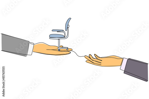 Continuous one line drawing hand provides work chair. Handover of position. Share the same responsibilities in business. Teamwork to make a lot of profit. Single line draw design vector illustration