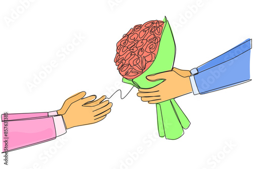 Continuous one line drawing hand giving a bouquet of roses. Love sign. Romance of a couple. Concern for others. Give love to worthy people. Romantic life. Single line draw design vector illustration