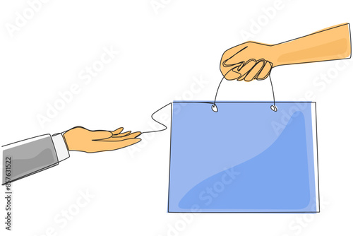 Continuous one line drawing of hand giving paper bag. Eco-friendly shopping bag. Reduce the use of plastic materials. Bag for practical storage. Save earth. Single line draw design vector illustration