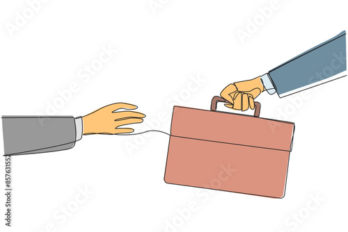 Continuous one line drawing a hand gives a briefcase to colleague. Continuing the business trip marathon. Many places to visit. Huge profits well deserved. Single line draw design vector illustration