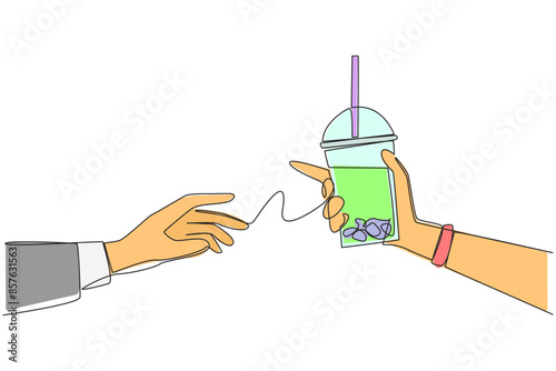 Single one line drawing hand giving boba drink. Refreshing drink that is high in sugar content. Drinks containing carbohydrates. Refreshing drink in summer. Continuous line design graphic illustration