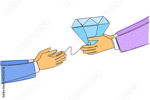 Continuous one line drawing a hand gives diamonds to its partner. A very valuable object and difficult to obtain. Make sacrifices for business progress. Single line draw design vector illustration