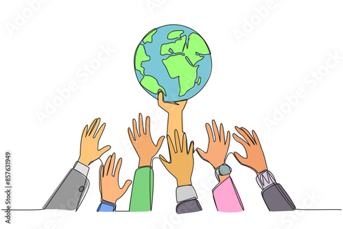 Single continuous line drawing hands fighting for the globe. Greedy hands who want to rule the world. A seizing has a negative impact on business. World decline. One line design vector illustration