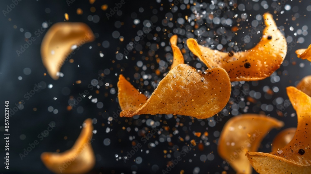 Tapioca chip slices spin and flip dramatically, showered in sparkling salt crystals and bold black pepper flecks, all set against a sleek, dark slate background.