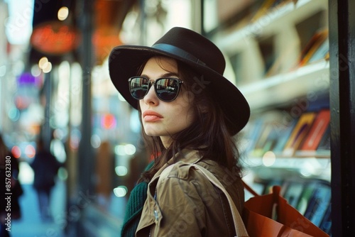 Street style shopper in sunglasses with shopping bag. Lifestyle model photo urban outdoor setting.