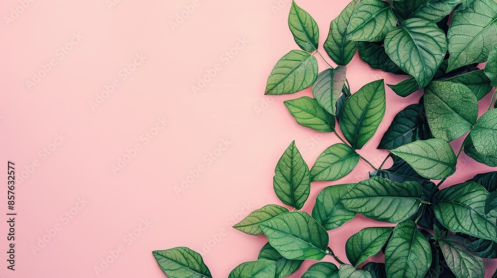Minimal concept of green leaves on a pink background viewed from above with space for text Minimal concept of green leaves on a pink background viewed from above with space for text