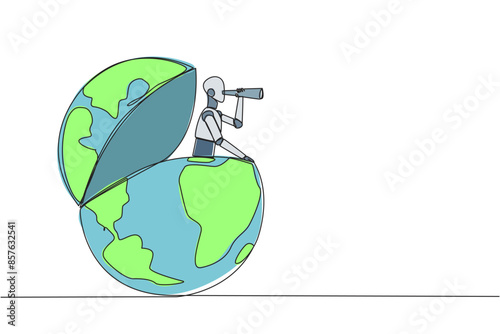 Single continuous line drawing smart robot appears from the globe looking for something through binoculars. Mapping locations that technology has not yet reached. One line design vector illustration