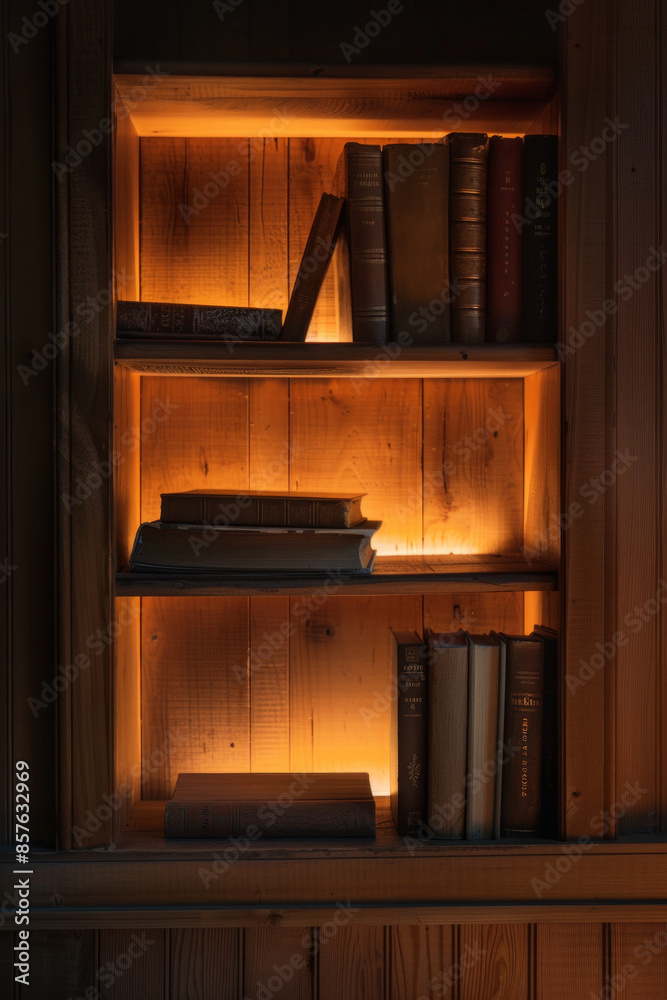 A simple wooden bookshelf with a few books glowing, indicating the illumination that comes from knowledge and ideas A simple wooden bookshelf with a few books glowing, indicating the illumination that comes from knowledge and ideas