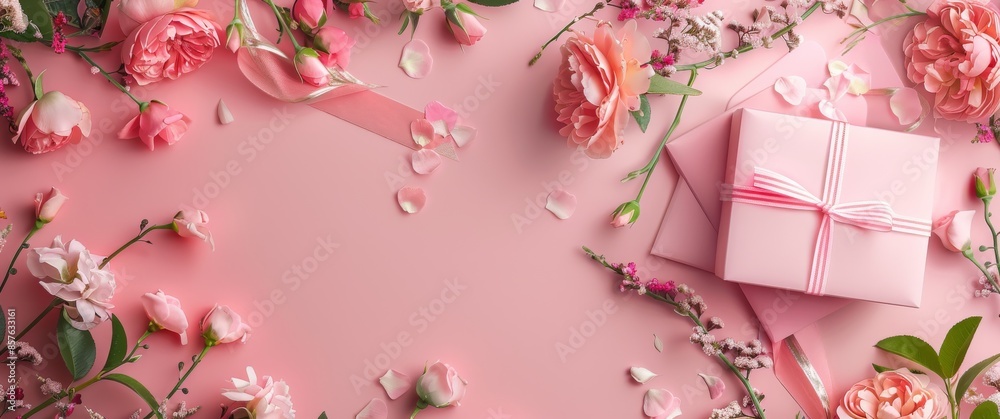 Celebrating Love: Cards and Flowers on a Solid Rose Pink Background, Mother's Day, Valentine's Day Celebrating Love: Cards and Flowers on a Solid Rose Pink Background, Mother's Day, Valentine's Day