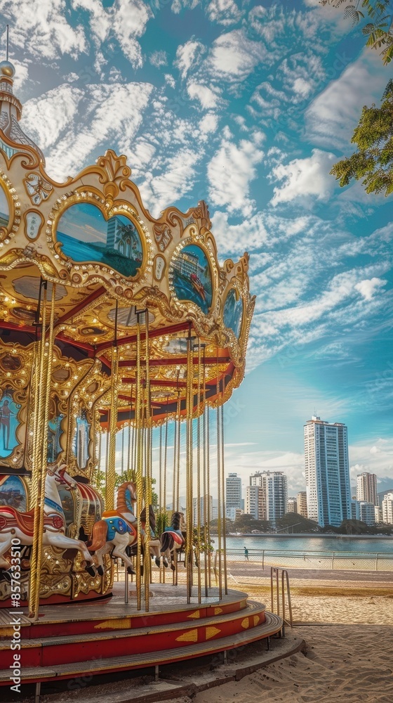 Obraz premium Carousel with gold details on sandy beach, city buildings in distance