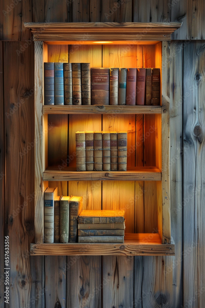 A simple wooden bookshelf with a few books glowing, indicating the illumination that comes from knowledge and ideas 