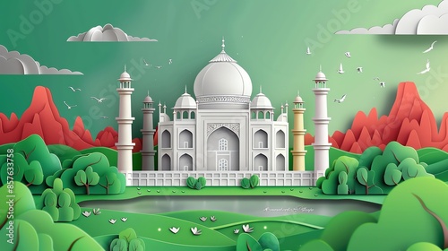 White mosque-shaped paper craft illustration background, green scenery background, Islamic theme, Ramadan