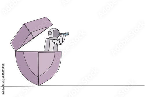 Single continuous line drawing the astronaut emerges from the shield looking for something with binoculars. Provides multiple layers for safe flights back to earth. One line design vector illustration