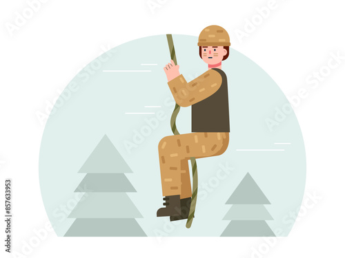Army man down the rope ladder. Army vector illustration