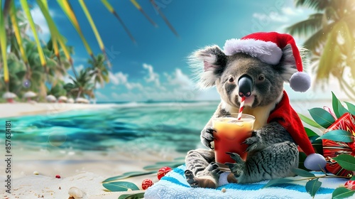 Cool koala santa claus on sunny beach resort, scenic ocean background. Australian summer christmas happy new year festive season greeting card, holiday maker creative wildlife animal 3d digital poster