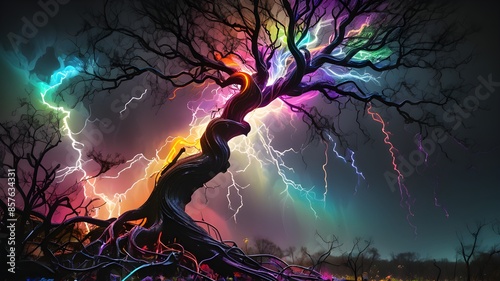 Witness the mesmerizing power of nature as an electrifying neon lightning bolt strikes a tree with vibrant intensity. 🌩️🌳 The tree's bark is exposed in a captivating swirl of black and rainbow, seem