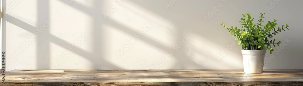 Minimalist interior with a potted green plant on a wooden table against a white wall, creating a clean and modern look. Minimalist interior with a potted green plant on a wooden table against a white wall, creating a clean and modern look.