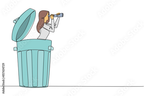 Continuous one line drawing businesswoman comes out of a trash can looking for something through binoculars. Not interested in backbiting. Throw gossip. Single line draw design vector illustration