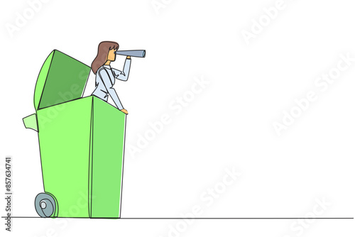 Single one line drawing businesswoman gets out of a wheeled bin looking for something through binoculars. Secure the company from media slander. Throw away. Continuous line design graphic illustration