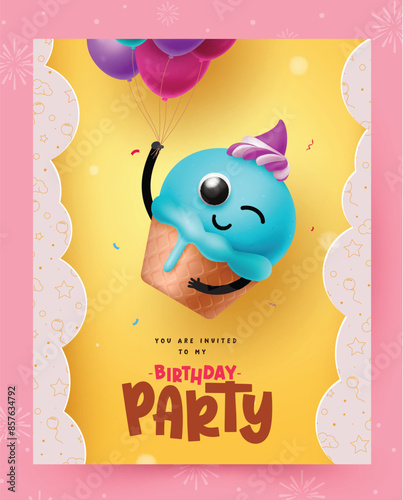 Birthday party invitation vector poster design. Birthday invitation card template with blue berry ice cream character and floating balloons in yellow background. Vector illustration birthday card 