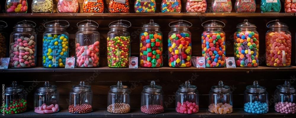Fototapeta premium Colorful jars filled with assorted candies line a wooden shelf, evoking a sense of nostalgia and delight, reminiscent of an old-fashioned candy store.