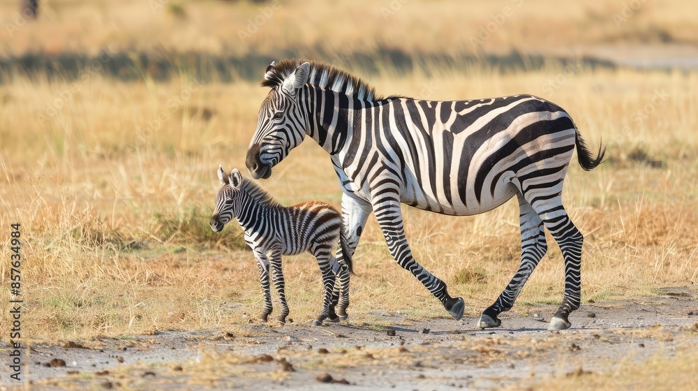 Plains zebra (Equus quagga burchellii) and baby Plains zebra (Equus quagga burchellii) and baby