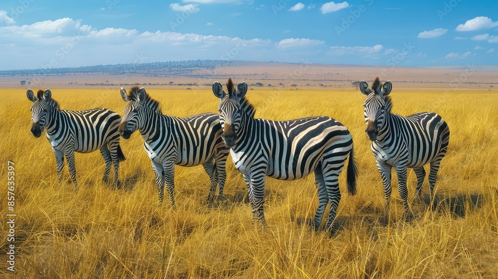 Obraz premium Three zebras in the savannah of Serengeti National Park, Tanzania