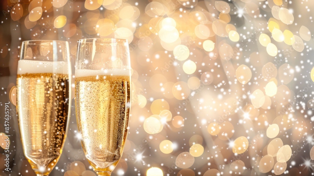 Two champagne glasses filled with champagne are on a table. Generate AI image Two champagne glasses filled with champagne are on a table. Generate AI image