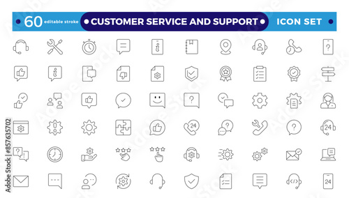 Customer Service and Support - Outline Icon Collection.Thin-line modern style of customer service icons: feedback, technical support, assistance, information, and more. Editable stroke outline icon.
