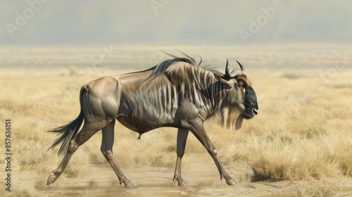 A Wildebeest (Connochaetes taurinus) is walking in a barren grass field