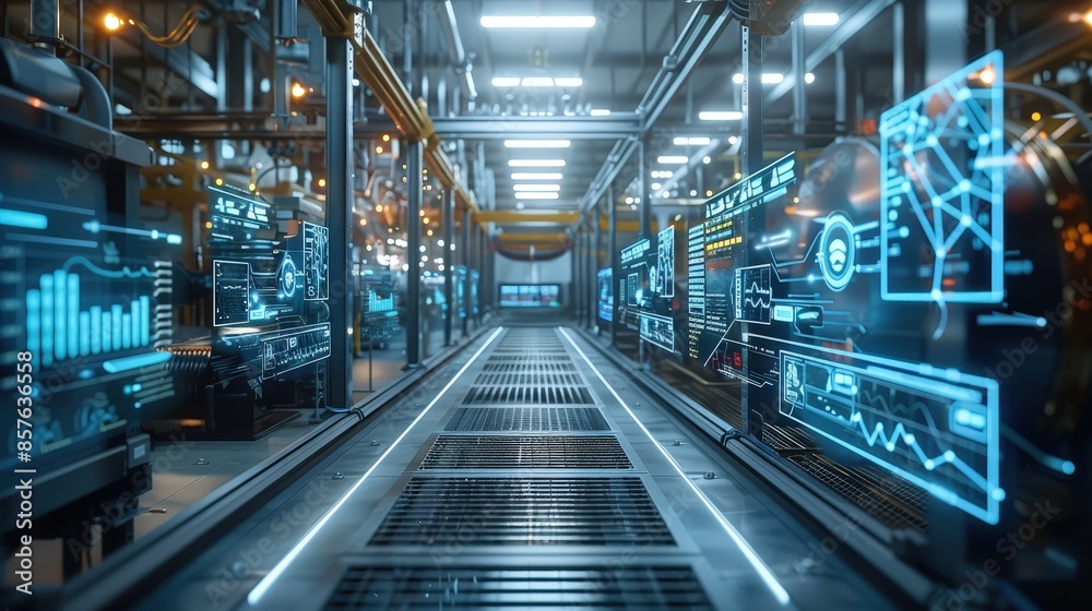 A state-of-the-art industrial factory showcasing advanced machinery and digital interfaces in a modern manufacturing environment. A state-of-the-art industrial factory showcasing advanced machinery and digital interfaces in a modern manufacturing environment.