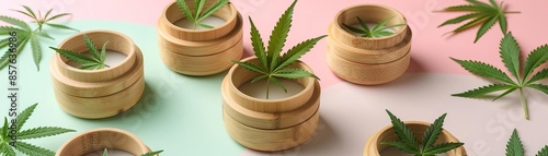 Artistic arrangement of empty bamboolid jars with cannabis leaves inside, set on a pastel background BambooLid Jars, contemporary elegance photo