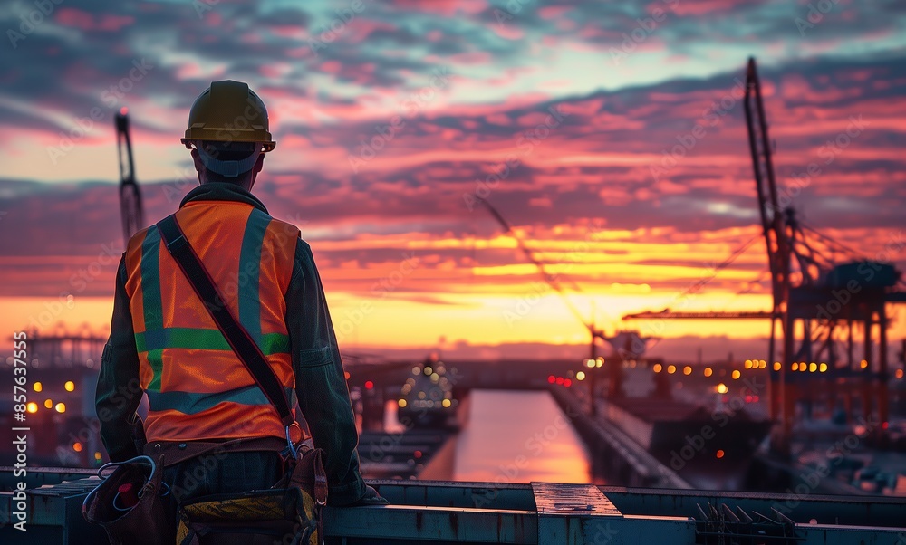 Cinematic Shot of a Construction Worker in High Visibility Vest Overlooking the Dock at Sunset, With Cranes and Ships in the Background. Labor Day, part-time jobs, bankruptcy, struggle Cinematic Shot of a Construction Worker in High Visibility Vest Overlooking the Dock at Sunset, With Cranes and Ships in the Background. Labor Day, part-time jobs, bankruptcy, struggle