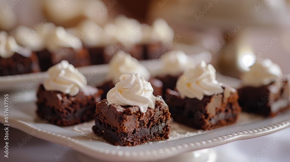Close up of chocolate squares with whipped cream topping on white platter. Close up of chocolate squares with whipped cream topping on white platter.