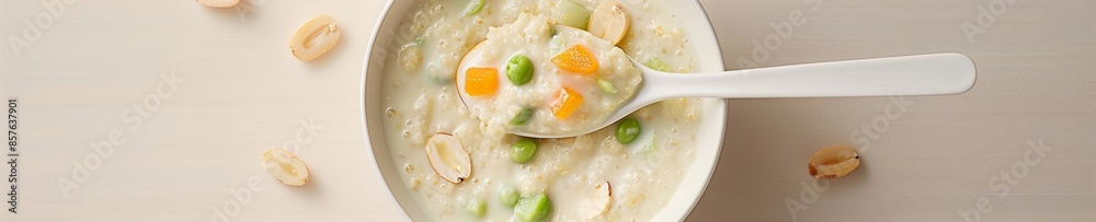 Close-up Shot of a Spoonful of Creamy Porridge with Fruit Chunks and Nuts, Emphasizing Rich Texture and Wholesome Ingredients Close-up Shot of a Spoonful of Creamy Porridge with Fruit Chunks and Nuts, Emphasizing Rich Texture and Wholesome Ingredients