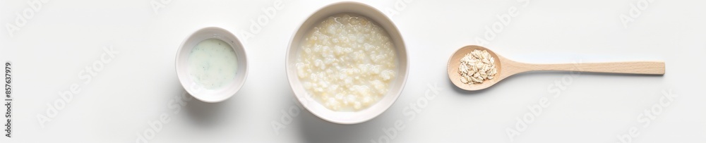 Creamy Homemade Porridge in a White Bowl with Spoon, Isolated on White Background - Simple and Healthy Breakfast Concept Creamy Homemade Porridge in a White Bowl with Spoon, Isolated on White Background - Simple and Healthy Breakfast Concept