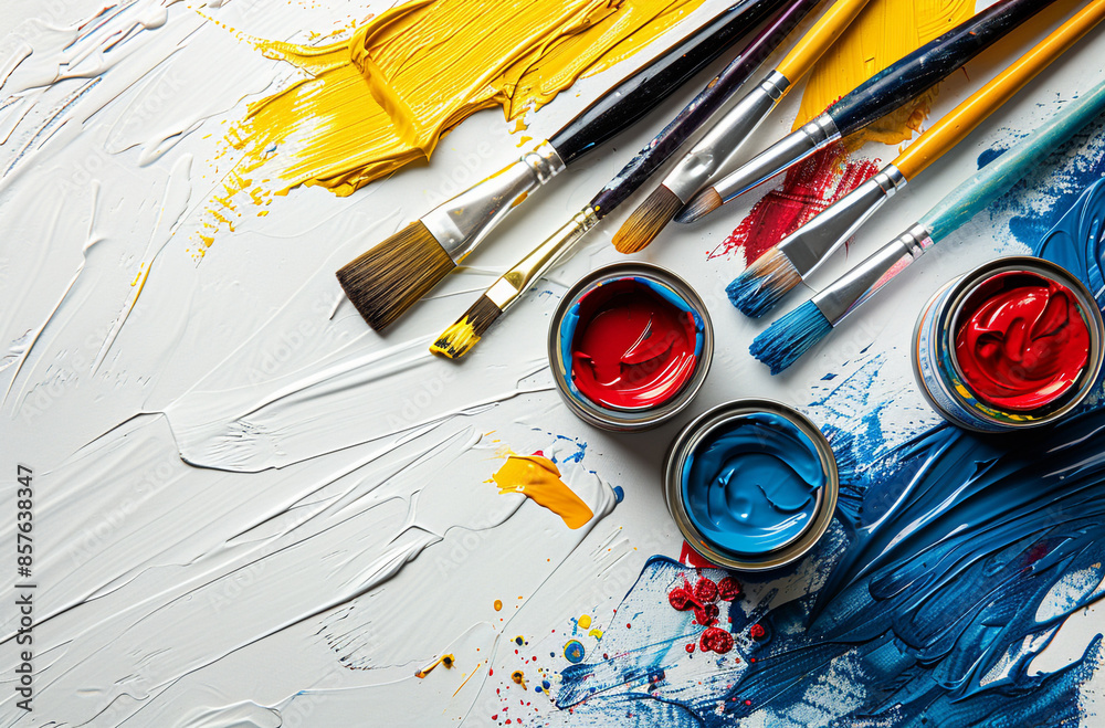 Fototapeta premium Paint cans and brushes on a white background