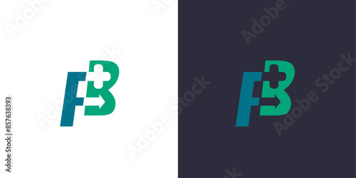 Letter F and B logo monogram, minimal style identity initial logo mark with a medical cross and an arrow. vector emblem green and blue logotype for business cards initials.