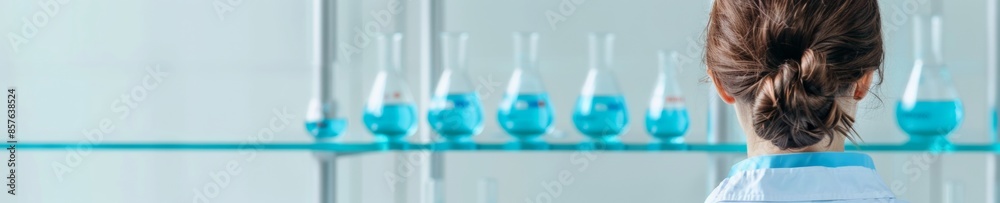 Female Scientist Conducting Research in a Modern Lab, Experimenting with Blue Solutions, Representing Innovation Female Scientist Conducting Research in a Modern Lab, Experimenting with Blue Solutions, Representing Innovation