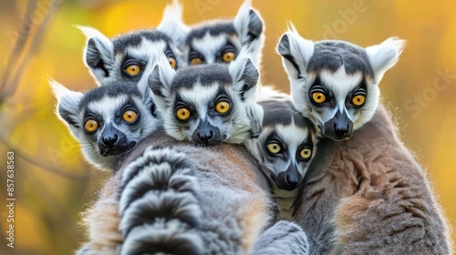 A group of lemurs are huddled together, with one of them looking at the camera