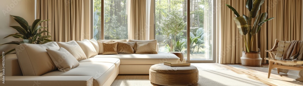 Fototapeta premium A beautifully designed modern living room featuring large windows, natural light, and comfortable furniture with neutral tones.