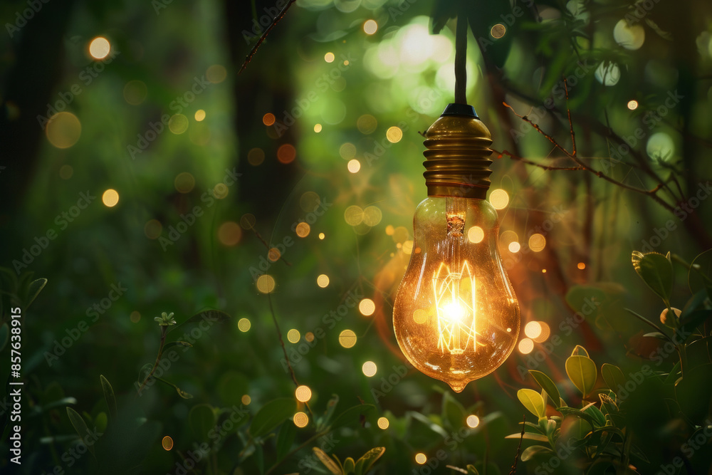 A glowing lightbulb suspended in the middle of a lush, green forest, symbolizing ideas blossoming in a natural setting A glowing lightbulb suspended in the middle of a lush, green forest, symbolizing ideas blossoming in a natural setting