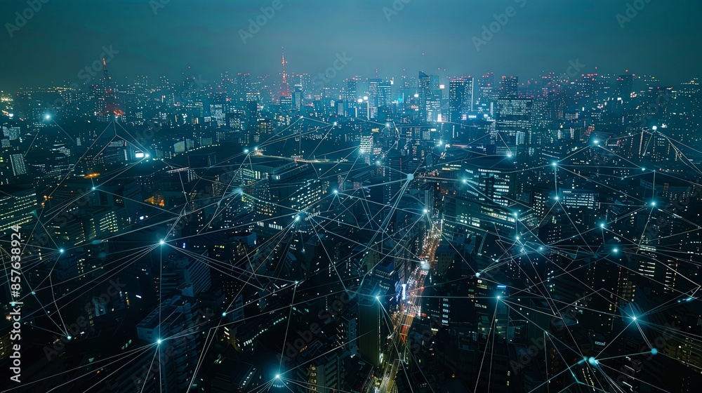 Nighttime cityscape exhibiting a vast network of interconnected glowing nodes representing a highly connected and technologically advanced urban environment.