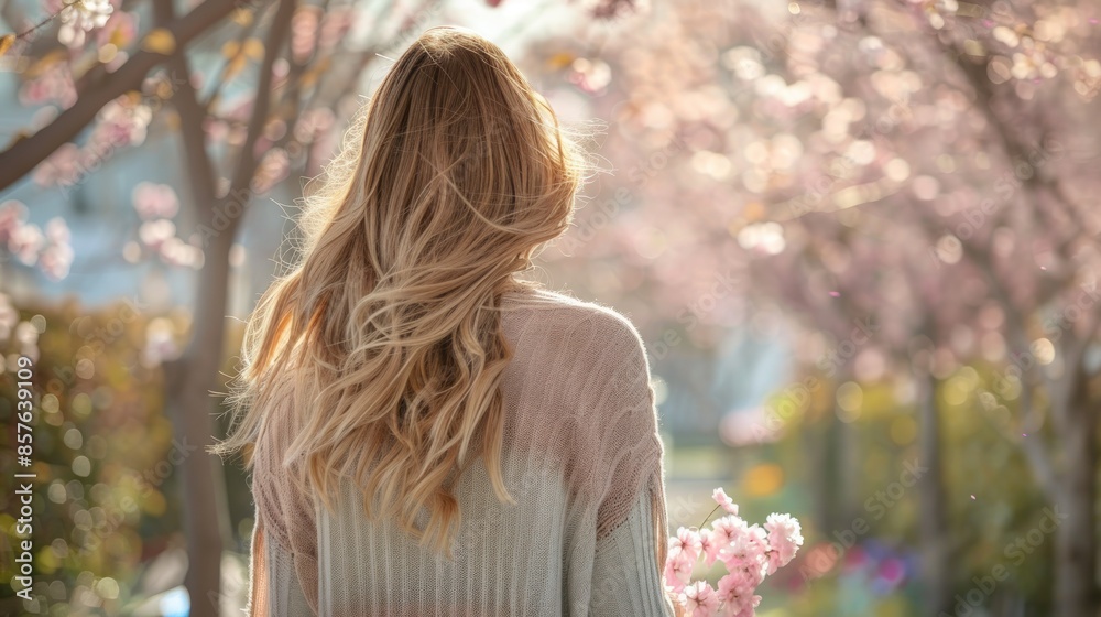 A woman with long blonde hair is walking through a field of pink flowers A woman with long blonde hair is walking through a field of pink flowers