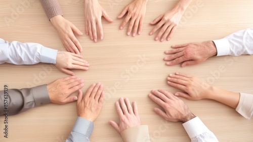 Unity in Diversity - Professionals' Hands Join in Supportive Circle on Conference Table © HadK