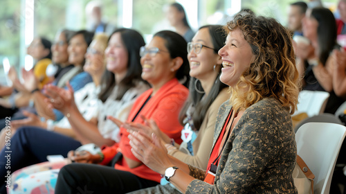 Side view of a diverse audience clapping and smiling during a conference, focus on expressions of enjoyment and engagement